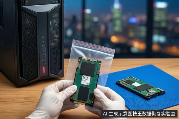 木质桌面上,左侧竖立一台黑色塔式主机,正面电源按钮亮红灯。前景一双戴白手套的手持透明防静电袋,袋内装有一块M.2固态硬盘。右侧蓝色防静电垫上平放另一块M.2固态硬盘。背景为模糊的城市夜景。