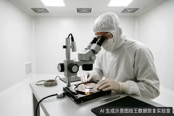 一名身穿全套白色无尘服、佩戴护目镜和口罩的技术人员，在洁净室环境中通过立体显微镜仔细检查一块已打开的机械硬盘。操作台上有防静电垫和镊子，展现了专业数据恢复的严谨场景。