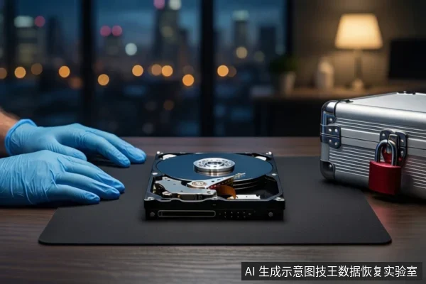 木质桌面上,左侧一双戴蓝色手套的手平放在黑色垫子上,中间平放一块打开外壳的机械硬盘,右侧为挂有红色挂锁的银色金属防震箱,背景为模糊的城市夜景和台灯。