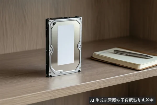 木质桌面上竖立一块银色机械硬盘，右侧放有打开的笔记本和一支笔，背景为木纹柜体。