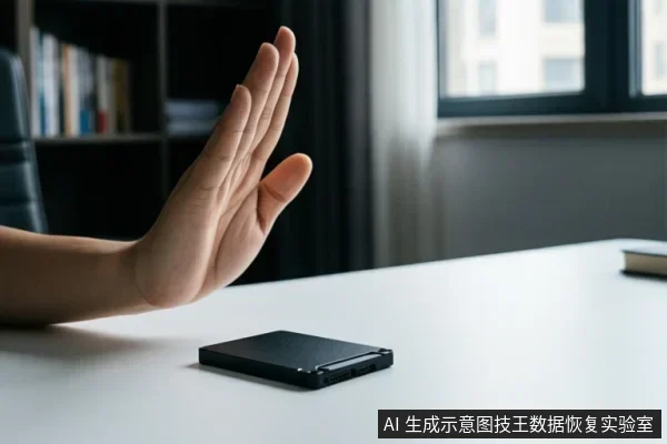 一只手在白色桌面上方做出停止手势,桌面上放置一块黑色固态硬盘,背景为书架和窗户。