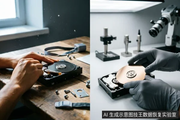 图片分为左右两部分对比。左侧展示在布满灰尘的木质桌面上,徒手拆解机械硬盘,环境杂乱且易造成二次损伤;右侧展示佩戴防静电手套的专业人员在洁净实验室环境中,使用精密仪器规范操作硬盘盘片。