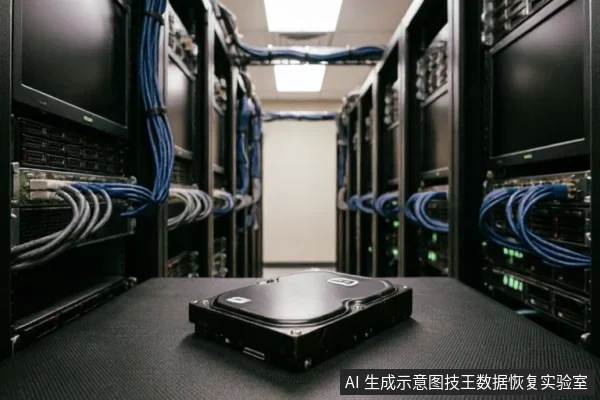 前景的黑色桌面上放置着一块拆卸下来的机械硬盘，背景是模糊处理的服务器机房环境，可见排列整齐的机柜、显示器以及密集的蓝色和灰色连接线缆。
