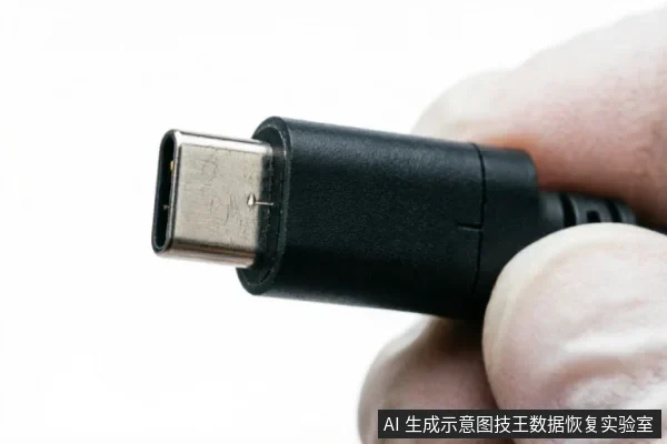 一只戴着白色手套的手捏住一根黑色数据线的USB Type-C接口特写,清晰展示了金属接头与塑料外壳的连接细节,背景为纯白。