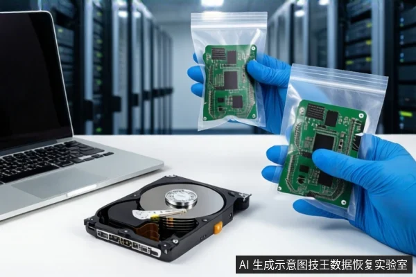 白色桌面上左侧有一台打开的银色笔记本电脑,中间平放一块打开外壳的机械硬盘,可见盘片、主轴和磁头臂。右侧一双戴蓝色手套的手正持握两个透明防静电袋,袋内装有绿色电路板。背景为模糊的服务器机柜。