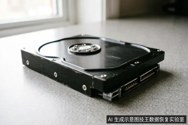 一块黑色的3.5英寸机械硬盘静置于灰白色的斑点纹理台面上。画面聚焦于硬盘本体，清晰展示了顶部的金属盘盖、固定螺丝以及侧面的SATA数据与电源接口，背景为模糊的窗边环境，无连接线缆或操作手势。