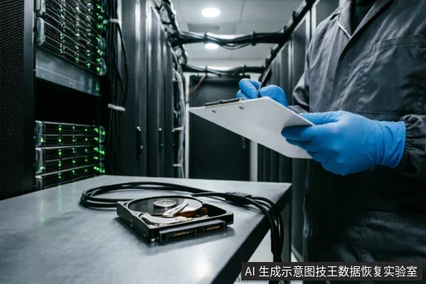 身穿深色工作服并佩戴蓝色手套的技术人员手持写字板正在记录,前景桌面上放置着一块已拆解的机械硬盘及连接线缆,背景为亮着绿色指示灯的服务器机柜。