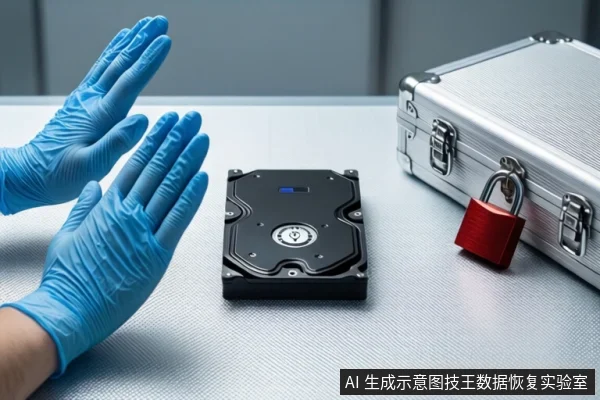 白色桌面上,前景一双戴蓝色手套的手掌心朝外做出停止手势。中间平放一块黑色机械硬盘。右侧放置一个挂有红色挂锁的银色金属防震箱。背景为模糊的室内环境。