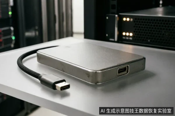 一个银色金属外壳的USB-C移动硬盘平放在白色台面上,连接着黑色编织数据线。背景为模糊的服务器机柜设备,暗示专业数据存储或数据恢复实验室环境。
