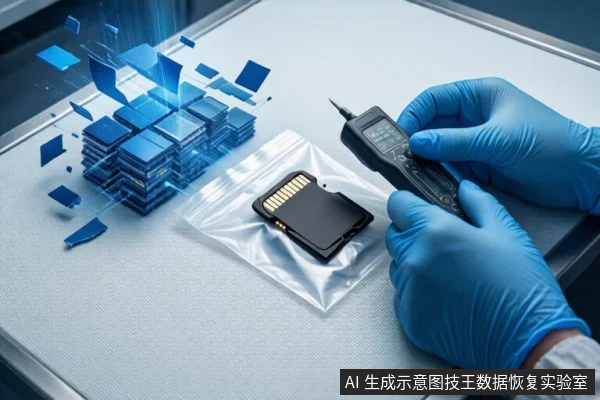 白色防静电垫上,左侧有蓝色立方体悬浮特效,中间透明袋内装有一张SD卡。右侧一双戴蓝色手套的手正持握一个黑色手持设备,设备前端有探针。