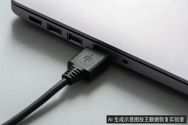 笔记本侧面接口特写,一个USB-A插头插入其中一个USB端口,旁边可见其他USB接口和音频孔。