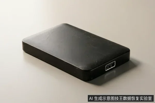 一个黑色的长方形移动硬盘平放在浅色桌面上,侧面可见银色USB接口,表面有轻微使用痕迹,无连接线。