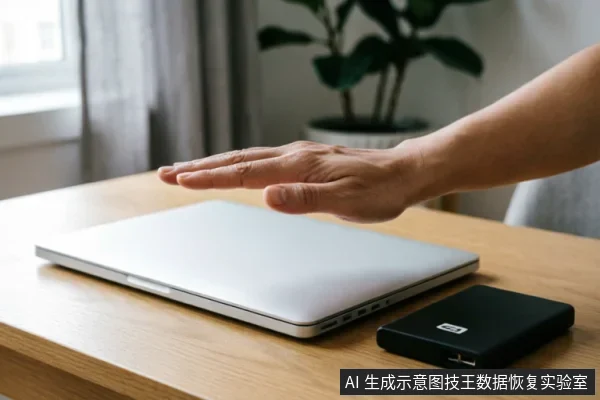 一只手掌悬停在闭合的银色笔记本电脑上方,示意停止或拒绝操作。木质桌面上放置着一台笔记本和一个黑色西部数据(WD)移动硬盘,画面传达出在设备异常时立即断电、避免进一步操作的警示含义。
