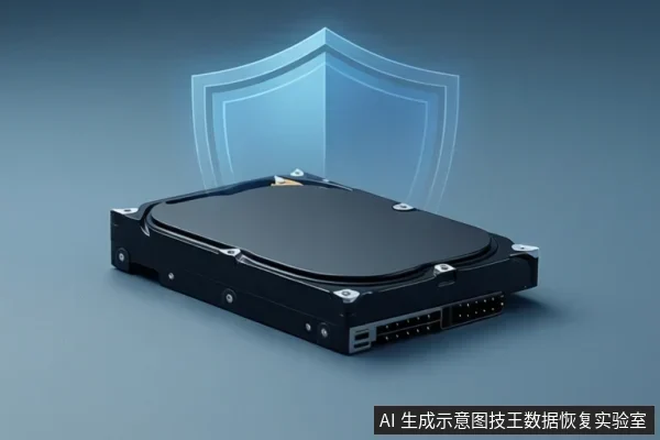 画面中展示了一个黑色的机械硬盘，硬盘上方悬浮着一个半透明的蓝色盾牌图标，背景为蓝灰色渐变。
