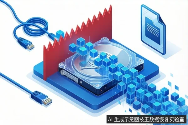 白色背景等距示意图，蓝色底座上平放一块打开外壳的机械硬盘，盘片上方悬浮多个蓝色立方体，左侧有红色锯齿状屏障，右侧有蓝色文件图标，周围散落蓝色立方体，左侧有两根蓝色网线。