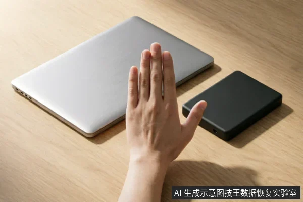 一只手掌在银色笔记本电脑和黑色移动硬盘上方做出停止手势,示意立即断电并停止操作。画面直观传达了当硬盘出现异常时,用户应禁止继续通电或读写,避免造成数据覆盖或硬件进一步损坏的紧急处理原则。