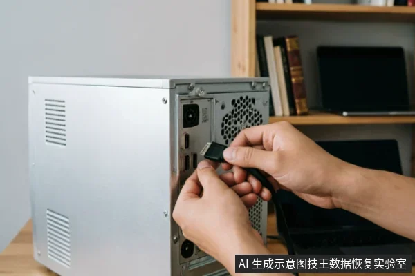特写镜头展示了一双手正在将一根黑色数据线插入银色台式电脑主机背面的接口中,背景模糊可见木质书架和笔记本电脑。