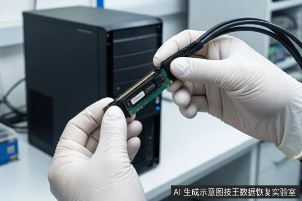 白色桌面上,一双戴白色手套的手正握持一块M.2固态硬盘,将其接口对准一根黑色SATA数据线的插头。背景左侧是一台黑色台式主机,右侧是模糊的实验室设备。