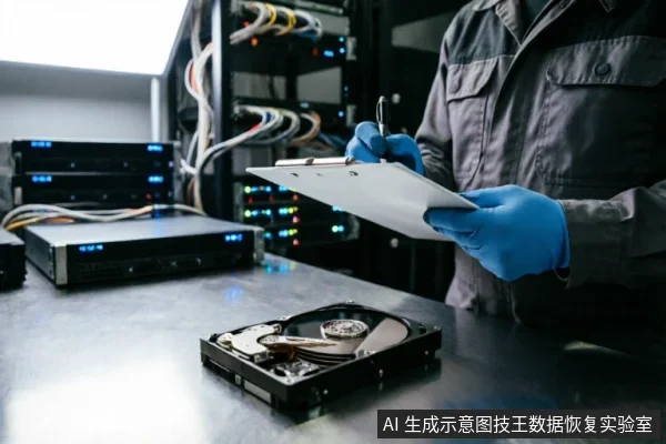 前景金属桌面上放置着一块已拆开盖板的机械硬盘,清晰可见内部盘片与磁头臂。背景为服务器机柜及闪烁的指示灯,一名身穿工装、佩戴蓝色防静电手套的技术人员手持写字板和笔,正在记录设备状态或进行专业检测。
