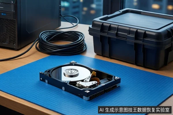 木质桌面上铺着蓝色防静电垫,垫子上平放一块打开外壳的机械硬盘,露出盘片与磁头组件。左侧是一台黑色台式主机和盘绕的黑色电源线,右侧是一个闭合的黑色防震箱。背景为模糊的窗户和城市夜景。