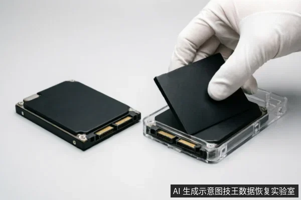 一只戴着白色防静电手套的手正将一块2.5英寸机械硬盘放入透明的光驱位硬盘托架中，旁边放置着另一块未安装的硬盘。画面清晰展示了硬盘接口与托架的连接结构，体现了专业操作场景。