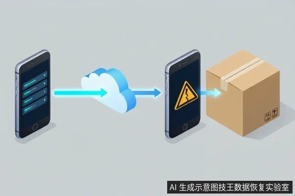 左侧手机屏幕显示列表,箭头指向云朵,再指向右侧显示黄色警告三角的手机,最后箭头指向纸箱。