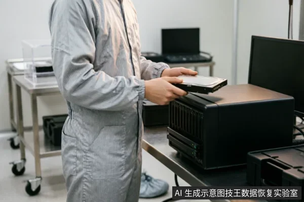 身穿灰色防静电无尘服的技术人员,在洁净室环境中双手持握一块机械硬盘,正准备将其放入黑色的多盘位数据恢复或检测阵列中。背景可见不锈钢操作台及电脑设备,体现了专业硬件处理场景。