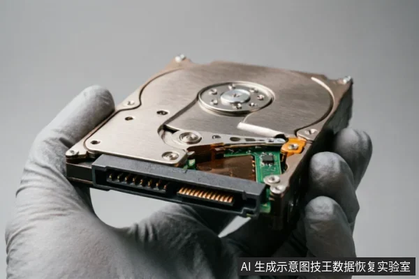一只戴着灰色防静电手套的手托举着一块已打开外壳的机械硬盘,清晰展示了内部金属盘片、读写磁头臂以及底部的SATA数据与电源接口。