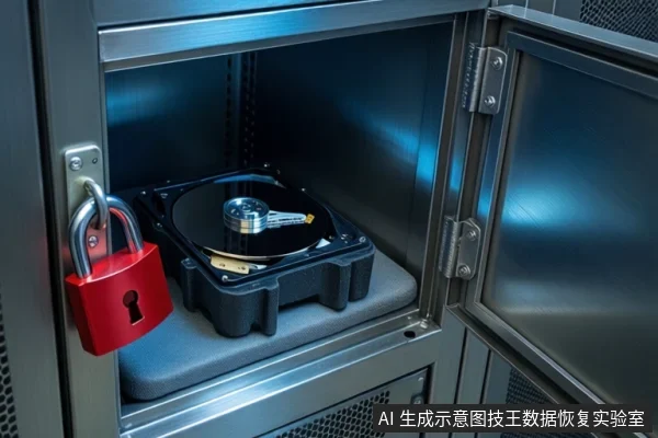 金属柜门打开,内部灰色防震垫上放置一块打开外壳的机械硬盘,可见盘片与磁头臂。柜门左侧挂着一把红色挂锁,背景为金属柜体结构。