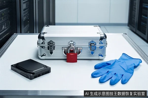 白色桌面上平放一块黑色硬盘,中间为挂有红色挂锁的银色金属防震箱,右侧平放一双蓝色橡胶手套,背景为模糊的服务器机柜。