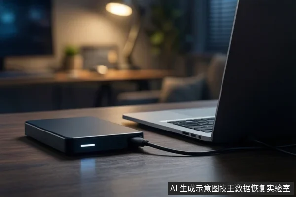 深色木质桌面上，左侧放置一个黑色移动硬盘，通过黑色线缆连接至右侧一台打开的银色笔记本电脑。背景为模糊的室内环境，可见台灯和绿植。