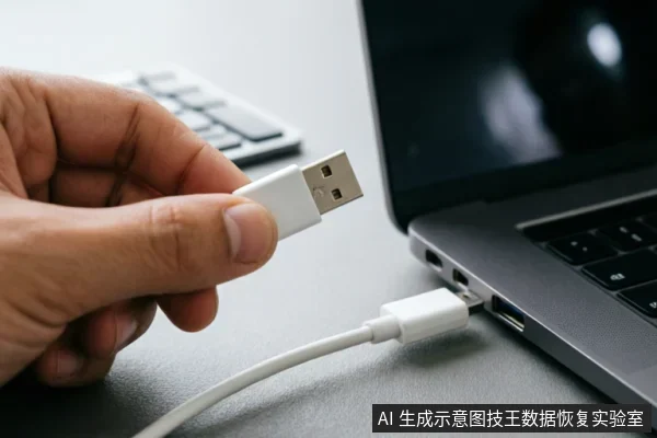 画面特写展示了一只手正拿着白色USB数据线的接口,准备将其插入笔记本电脑侧面的端口。背景虚化处可见键盘,清晰呈现了检查或连接外部线缆的操作动作,对应排查外部连接链完整性的场景。