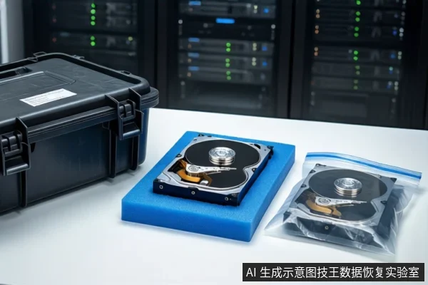 白色桌面上静态陈列数据恢复设备:左侧为闭合的黑色防震箱,中间蓝色泡沫垫上平放一块打开外壳的机械硬盘,右侧防静电袋内装有一块打开外壳的机械硬盘。背景为模糊的服务器机柜。