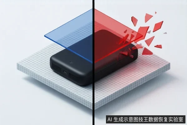 画面分为左右两部分,左侧展示一个黑色移动硬盘上方覆盖着蓝色透明层,右侧展示红色透明层破碎飞溅,背景为网格平面。