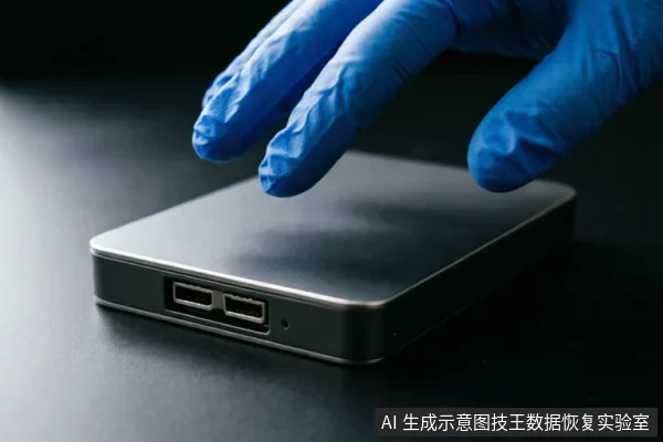 一只戴着蓝色防护手套的手悬停在一个深灰色金属移动硬盘上方,硬盘侧面清晰可见两个USB接口及指示灯孔,背景为深色桌面。
