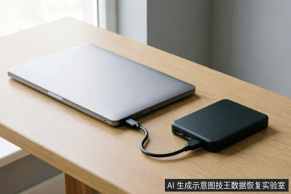 一台银色笔记本电脑通过数据线连接着一个黑色的外接移动硬盘，放置在浅色木纹桌面上。画面展示了电脑与外部存储设备建立物理连接的状态，体现了排查硬件链路或进行只读评估时的连接场景。