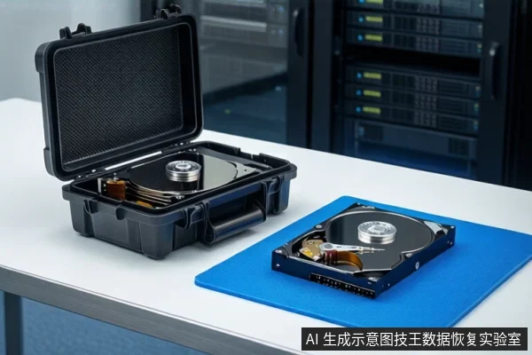 白色桌面上,左侧一个打开的黑色防震箱内固定着一块机械硬盘,右侧蓝色防静电垫上平放另一块机械硬盘,背景为模糊的服务器机柜。
