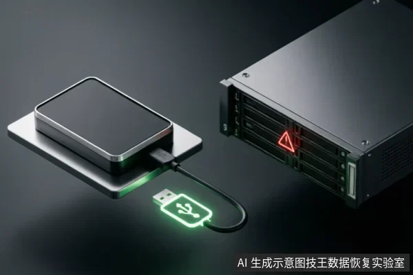 画面展示了一个黑色移动硬盘通过USB数据线连接至右侧的服务器或存储阵列设备。接口处有发光的绿色USB标识，服务器面板上亮着红色三角形警告灯，直观呈现了设备连接状态及硬件故障警示场景。