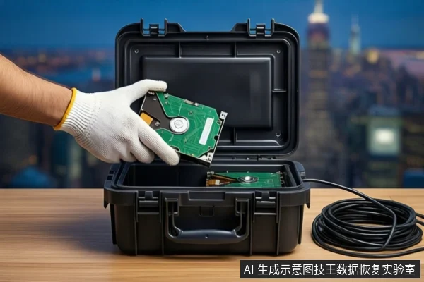 木质桌面上，一只戴白手套的手正将一块机械硬盘放入打开的黑色防震箱中，箱内已有一块硬盘，右侧盘绕着黑色线缆，背景为模糊的城市夜景。