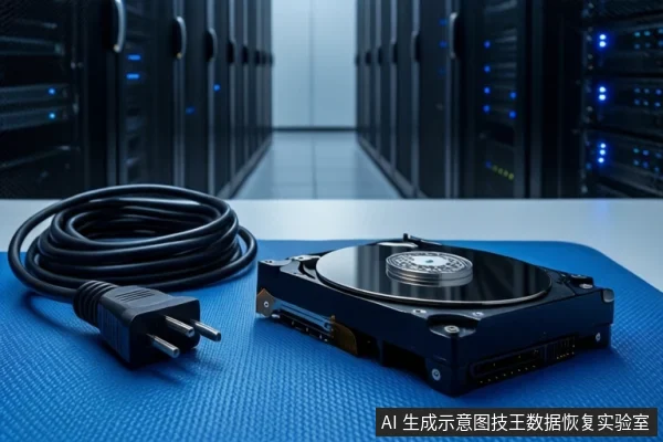 蓝色防静电垫上平放一块打开外壳的机械硬盘,左侧盘绕着一根黑色电源线,背景为模糊的服务器机柜。