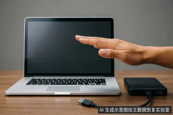 一只手掌在笔记本电脑屏幕前做出停止手势,旁边放置着一个通过USB线连接的移动硬盘,线缆接口处于断开状态。画面直观展示了在遇到硬盘故障时立即停止通电、切断连接链以保护数据的紧急处理动作。