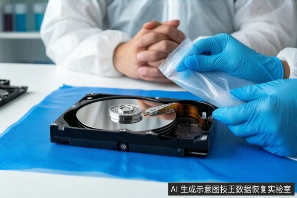 蓝色防静电垫上平放一块打开外壳的机械硬盘，可见盘片、主轴和磁头臂。右侧一双戴蓝色手套的手正持握一个透明防静电袋，袋口朝向硬盘。背景中一名穿白色无尘服的技术人员双手交握，处于模糊的实验室环境中。