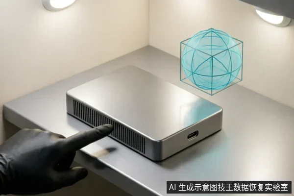 一只戴着黑色手套的手正指向放置在金属台面上的银色长方体存储设备，设备侧面有散热格栅和接口。设备上方悬浮着一个蓝色的线框球体全息投影，背景为带有照明灯的简洁角落。