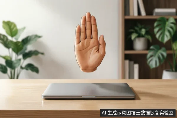 画面展示了一台闭合的银色笔记本电脑放置在木质办公桌上,电脑正上方悬浮着一只巨大的、掌心向前的卡通手掌,做出明确的“停止”或“禁止”手势。背景为模糊的书架和绿植,整体营造出一种紧急制动、切勿操作的警示氛围。