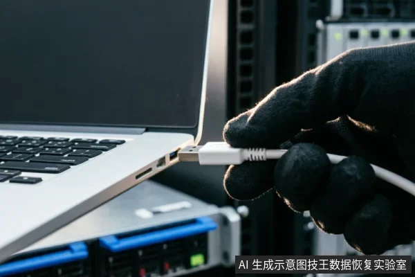 一只戴着黑色手套的手正将白色USB数据线插入银色笔记本电脑的侧面接口，背景为模糊的服务器机架设备。
