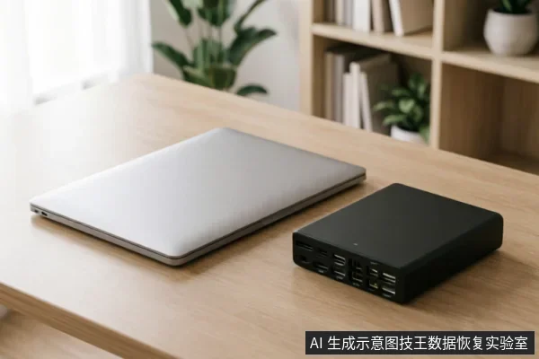 木质办公桌上放置着一台闭合的银色笔记本电脑,旁边连接着一个黑色的多口USB扩展坞或集线器设备。背景为模糊的书架和绿植,展示了桌面硬件连接环境。