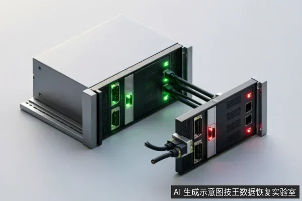 画面展示了两块金属外壳的硬盘驱动器,通过黑色线缆连接。左侧设备亮着绿色指示灯,右侧设备亮着红色故障灯,直观呈现了存储介质出现异常状态或硬件故障的场景。