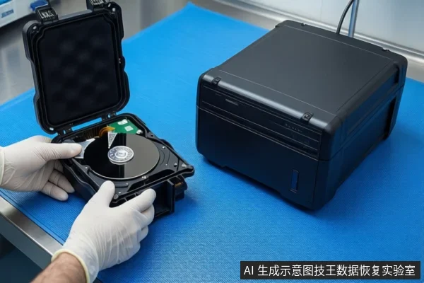 蓝色防静电垫上,一双戴白色手套的手正握持一个打开的黑色防震箱,箱内嵌有一块裸露的机械硬盘。右侧平放着一台黑色的台式存储设备。