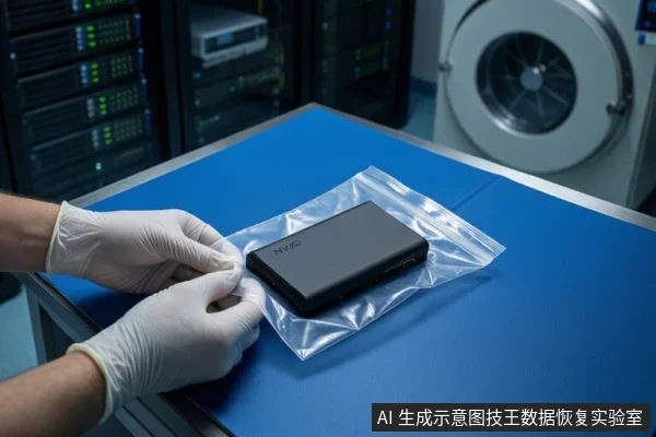 蓝色防静电垫上平放一块黑色固态硬盘,置于透明自封袋中。左侧一双戴白色手套的手正在整理袋口。背景为模糊的服务器机柜和圆形洁净设备。