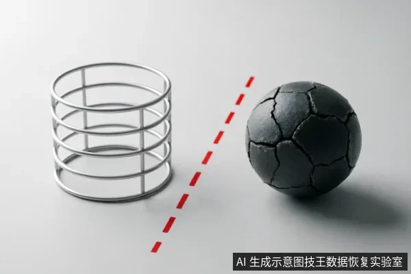 画面展示了一个银色金属线框圆柱体与一个表面布满裂纹的黑色球体,中间由一条红色虚线隔开。金属笼象征安全或隔离状态,而破裂的球体直观隐喻存储介质受损、数据完整性面临风险或硬件物理故障的状态。